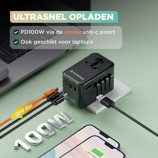 Remodius® Wereldstekker PRO - 220+ landen - Universele Reisstekker met PD100W Ultra USB C Snelladen voor Laptops, Telefoons, Tablets, en meer - 3x USB-C - 1x USB-A