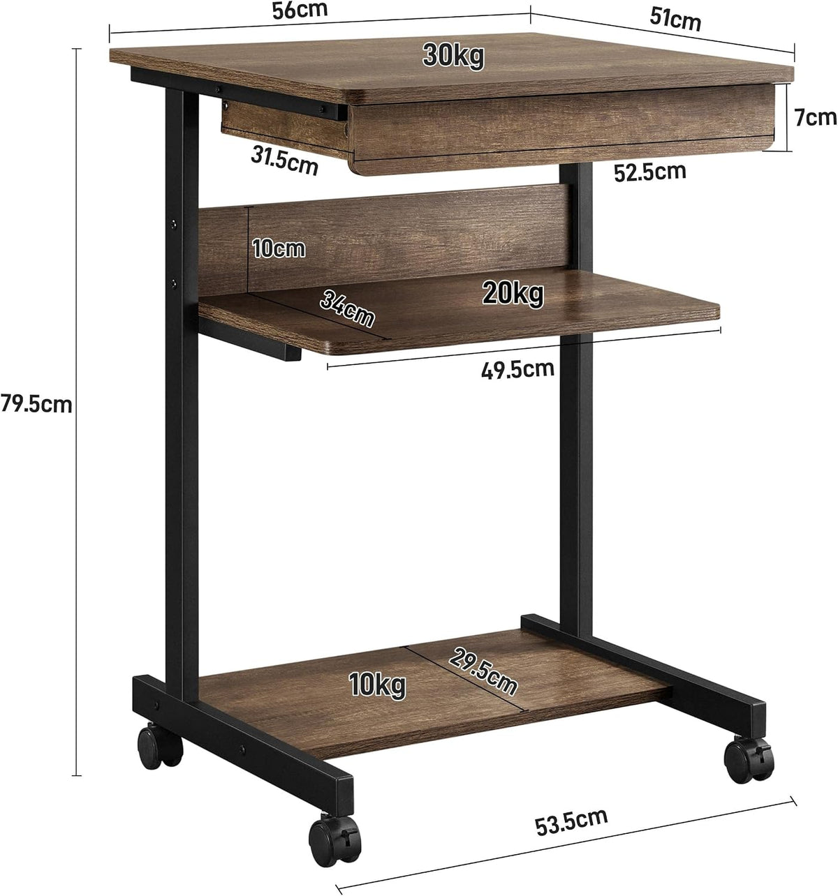 Yaheetech Roltafel met Lade en 4 Opbergplanken – 56 x 51 x 79,5 cm – Taupe