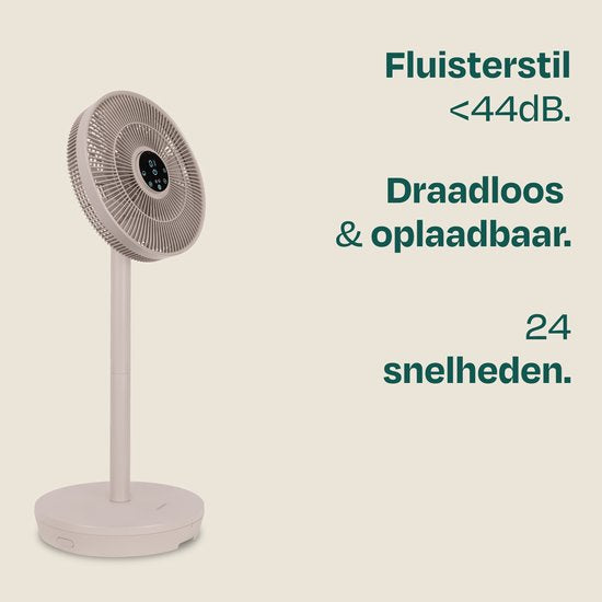 VONROC BREEZE Draadloze Ventilator – Fluisterstil (<44 dB) – 24 snelheden – lichtgewicht en draagbaar - 3 windmodi: Natuurlijk, Slaap, Normaal – Modulair: tafelventilator én vloerventilator – Luxe touch display – Incl. afstandsbediening – Beige