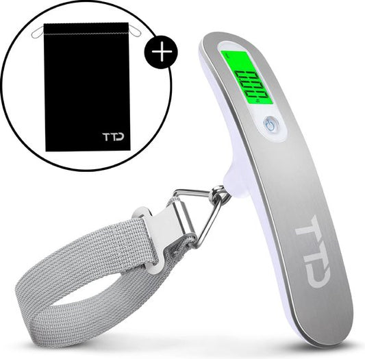 TTD® Kofferweegschaal met Verlicht Scherm en Travel Bag - Weegcapaciteit 50 kg - Bagageweegschaal - Bagageweger - Hangweegschaal - Digital Luggage Scale - Kofferweger - Reizen met Vliegtuig - kg/g/lbs/oz - Inclusief Batterijen - Wit