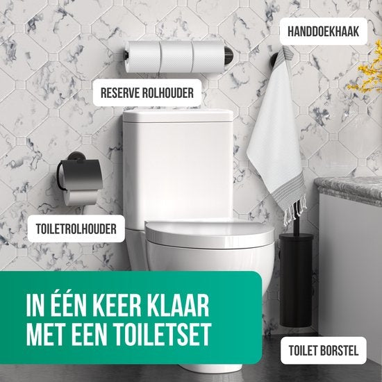Avalo Toiletaccessoireset Zwart 4-delig - Luxe Toilet Set - Toiletborstel met Houder / Toiletrolhouder / Reserverolhouder / Handdoekhaak - Incl. Bevestigingsmateriaal