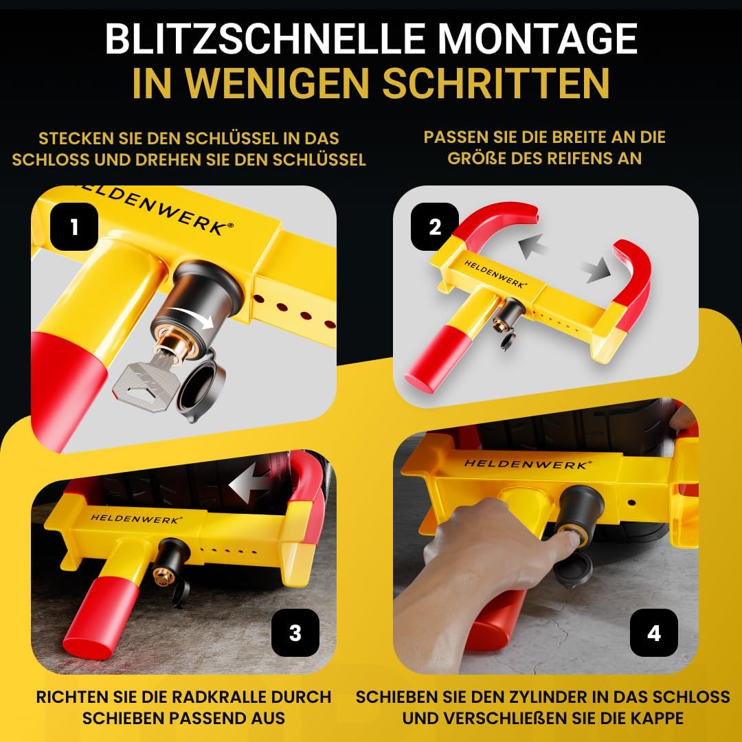 HELDENWERK – Parkklauw Wielklem met Veiligheidsslot – 48x25x7 cm – Voor 18-30 cm Bandbreedte met 3 Sleutels – Diefstalbeveiliging voor Camper & Auto – Geel & Rood Staal