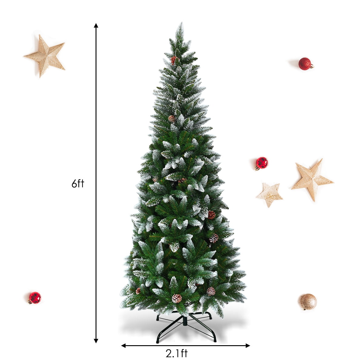 Coast Besneeuwde Slim Kunstkerstboom Groen/Wit – 64 x 183 cm – Met 630 Takpunten en 29 Dennenappels