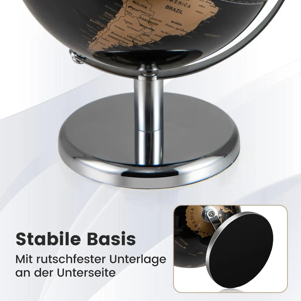 Coast Wereldbol 20 cm - Zwart/Goud - 360° Draaibaar - Met Metalen Standaard - 21 x 21 x 27 cm