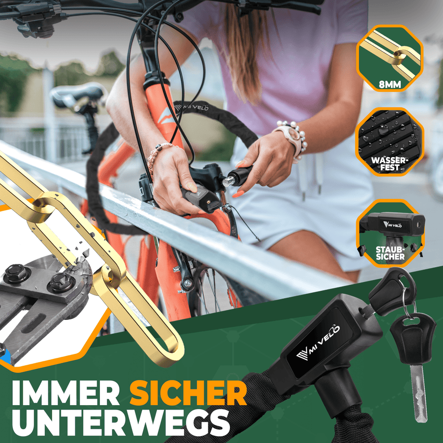 MIVELO - Fietsslot Kettingslot - 100 cm Lang & 8 mm Dik - Zwart & Gehard Staal - Safe-Secure Sleutelslot - Voor E-bike & Scooter