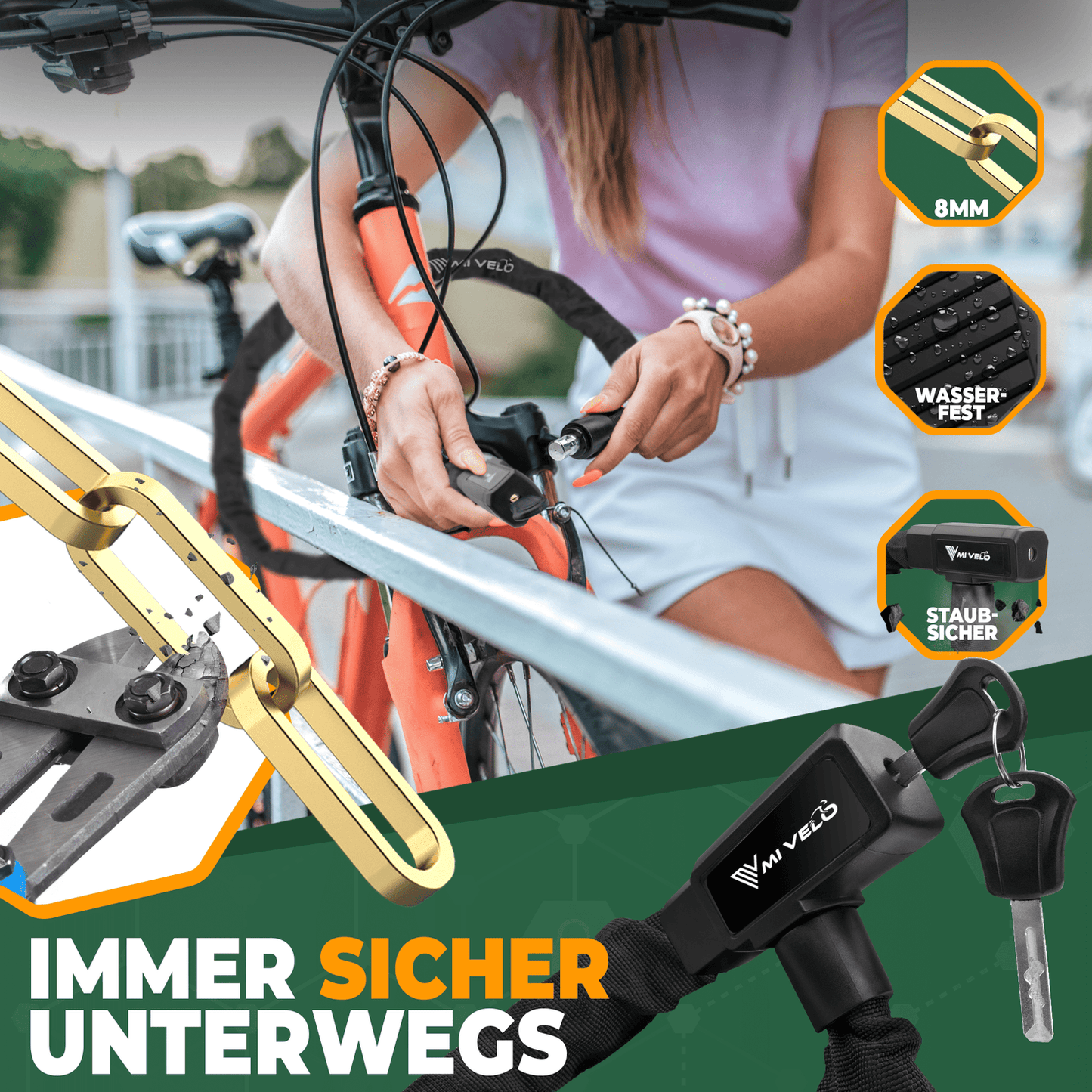 MIVELO Fietsketting – Sleutelslot – 85 cm – Staal – Zwart