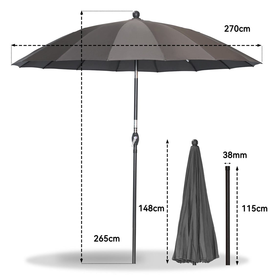 Angel Living Parasol Rond - Ø270cm - Stevig - Kantelbaar - Grijs