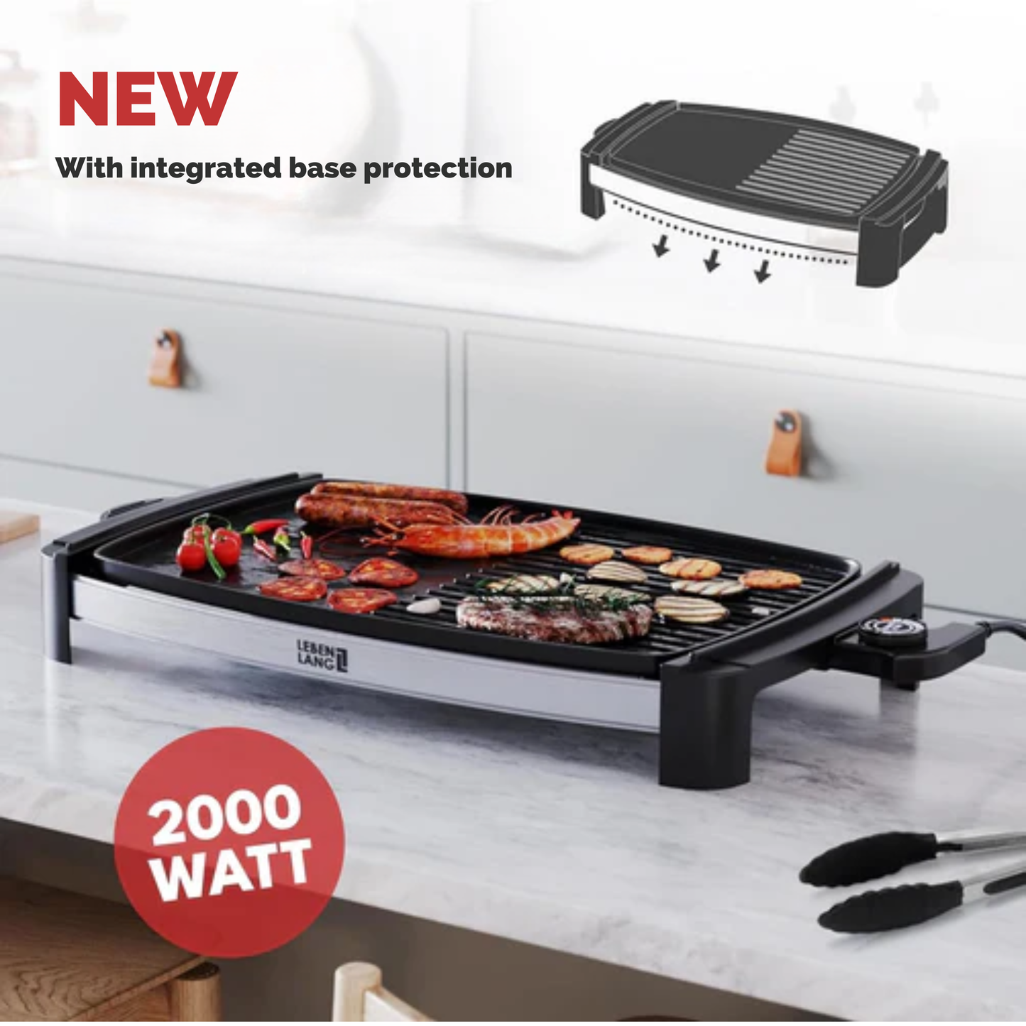 LEBENLANG Elektrische Grillplaat – 2000 Watt - 4 tot 8 personen - Ideaal voor Binnen & Buiten - 32.1 x 54.5 x 6.5 cm