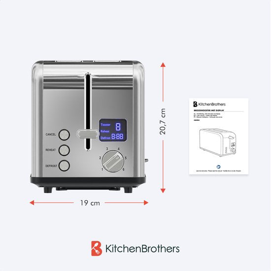 KitchenBrothers Broodrooster - Toaster - 6 Warmteniveaus - 2 Extra Brede Sleuven - 815W - RVS/Zilver