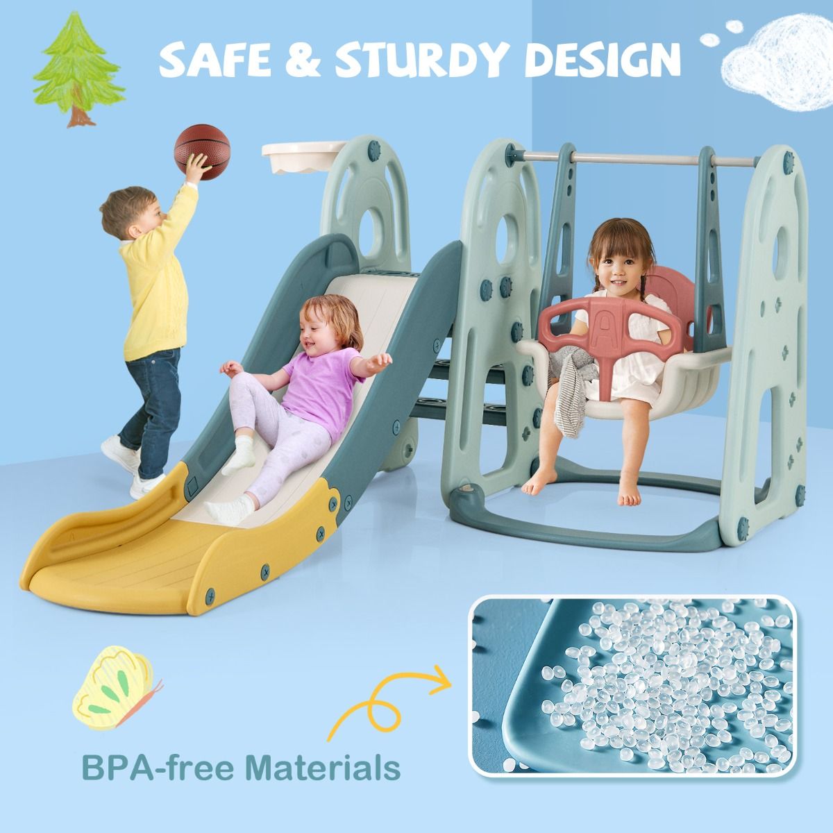 Coast 4-in-1 Kinder Glijbaan en Schommelset met Basketbalring - Veelkleurig - 198 x 149 x 96 cm