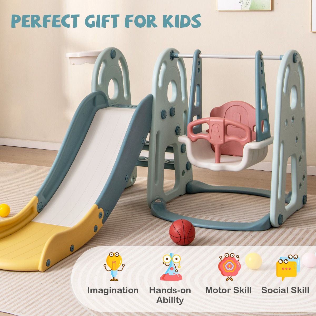 Coast 4-in-1 Kinder Glijbaan en Schommelset met Basketbalring - Veelkleurig - 198 x 149 x 96 cm