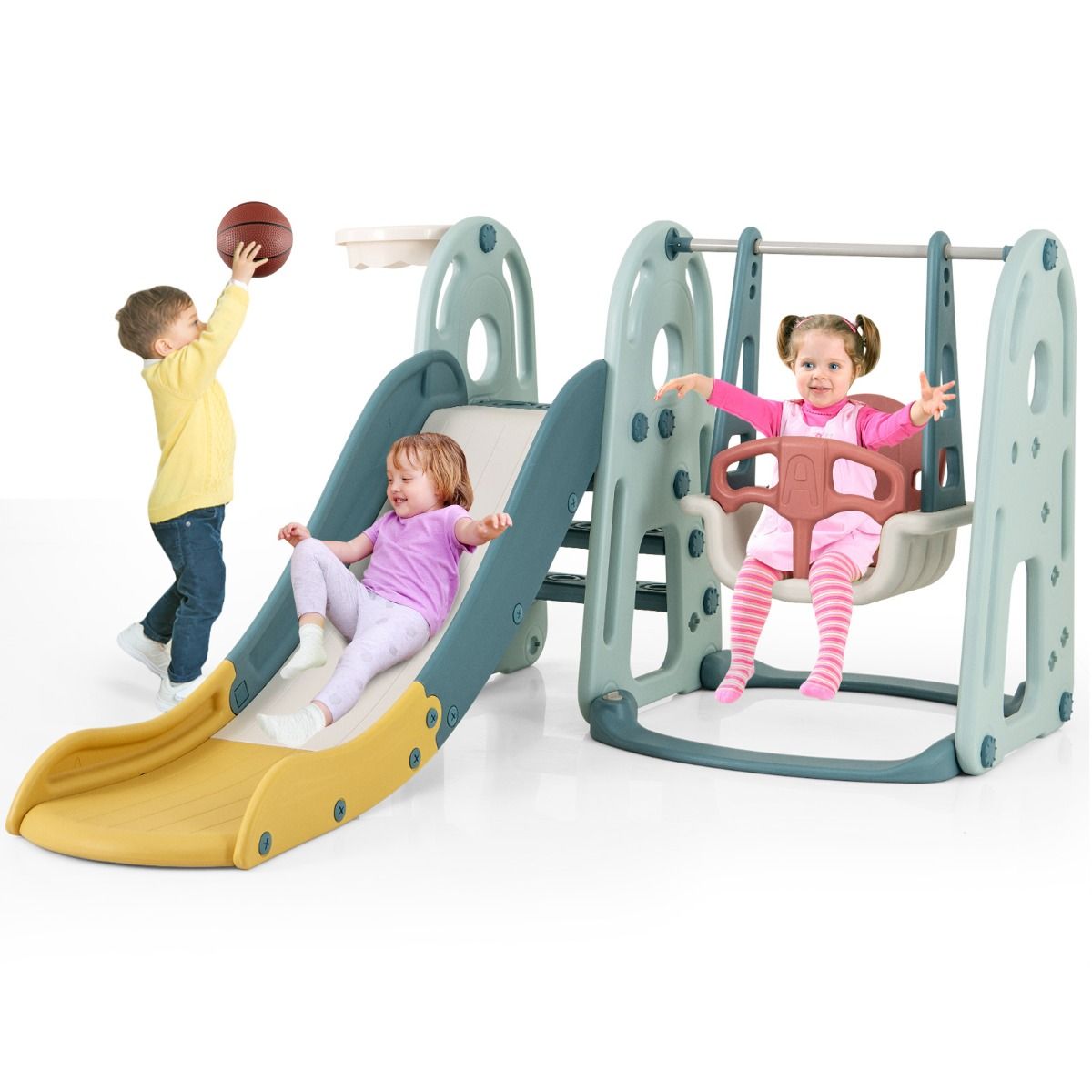 Coast 4-in-1 Kinder Glijbaan en Schommelset met Basketbalring - Veelkleurig - 198 x 149 x 96 cm