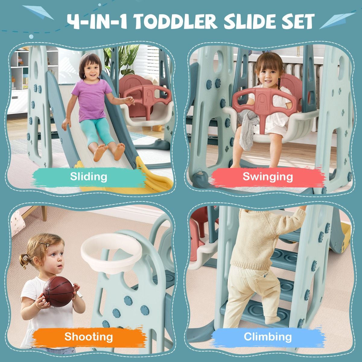 Coast 4-in-1 Kinder Glijbaan en Schommelset met Basketbalring - Veelkleurig - 198 x 149 x 96 cm