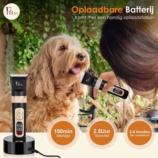 Petsy Professionele Hondentondeuse - 2-in-1 Dieren tondeuse voor Dikke Vacht - Stil - Scheerapparaat voor Honden en Katten - Honden Trimmer - Inclusief Oplaadstation