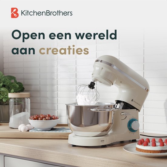 KitchenBrothers Keukenrobot - Keukenrobot - 6,2L - Mixer met Mengkom - Keukenmixer - 2000W - Champagne