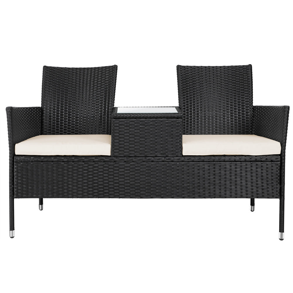 Casaria Polyrattan Tuinbank - Incl. Kussen Tafel 143x55x88 cm Zwart
