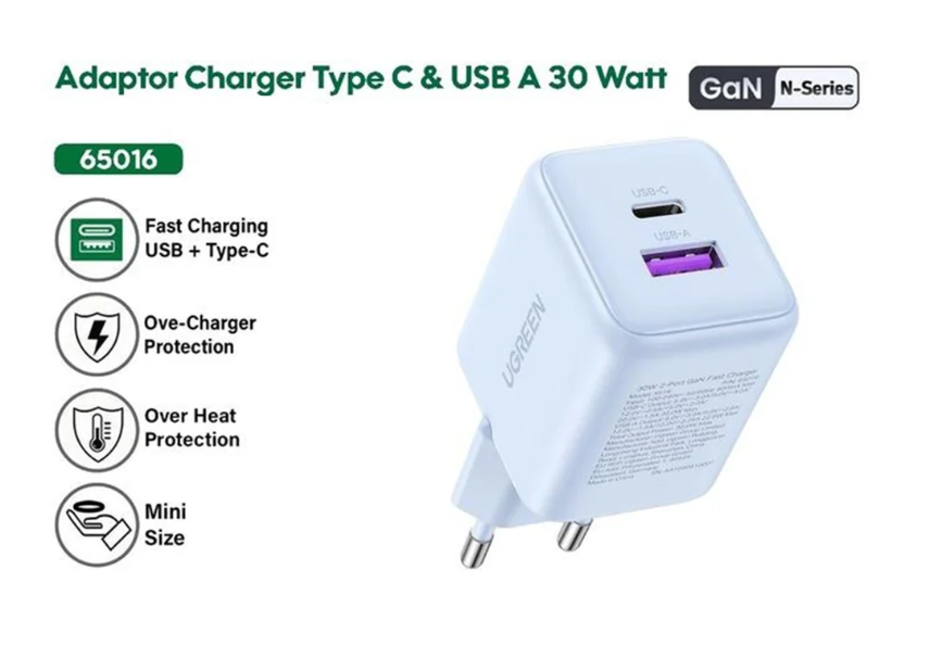 Ugreen X516 GaN Netwerkoplader 30W - Roze - USB-A & USB-C