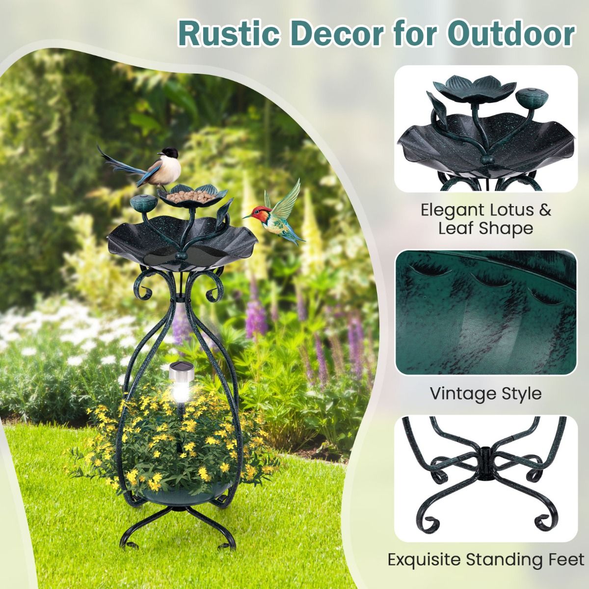 Coast Vogelbad met zonnepaneel - vogelvoederautomaat en bloempot - decoratieve lotus en bladeren - groen
