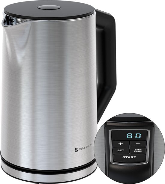 KitchenBrothers Waterkoker - Elektrisch - 1,5L - 2200W - Instelbare Temperatuurregeling - Dubbelwandig - Waterkoker RVS - Zilver