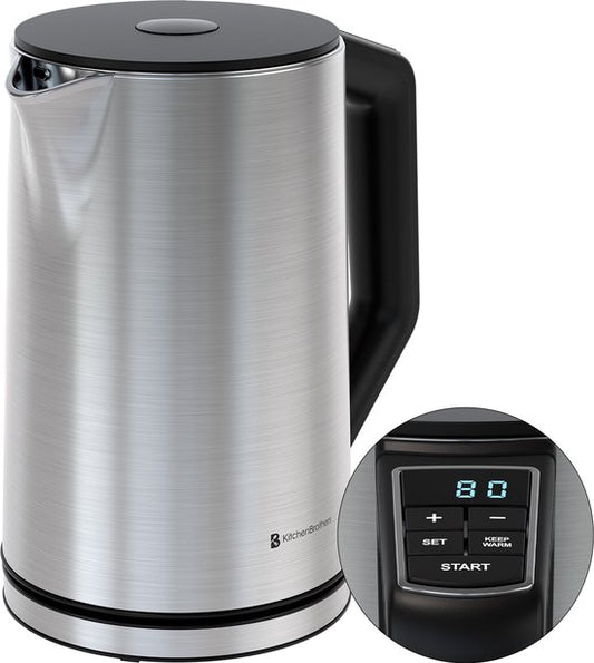 KitchenBrothers Waterkoker - Elektrisch - 1,5L - 2200W - Instelbare Temperatuurregeling - Dubbelwandig - Waterkoker RVS - Zilver