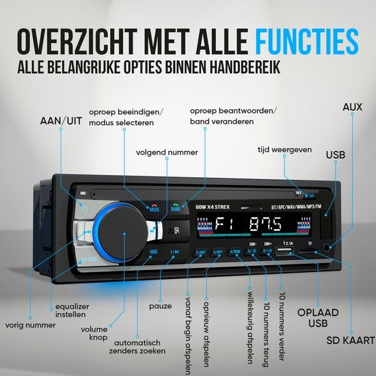 Strex autoradio met Bluetooth voor alle voertuigen USB, AUX en handsfreeset zwart