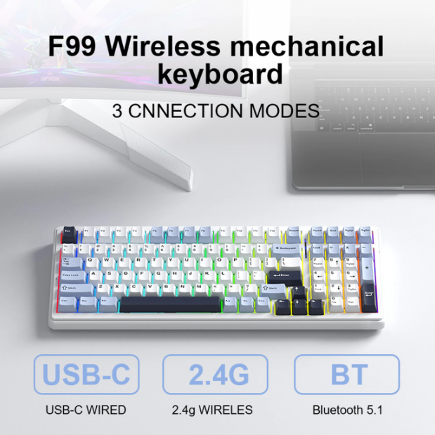 AULA F99 Draadloos Mechanisch RGB Toetsenbord - Lichtblauw & Grijs - 99 Toetsen Tri-Mode
