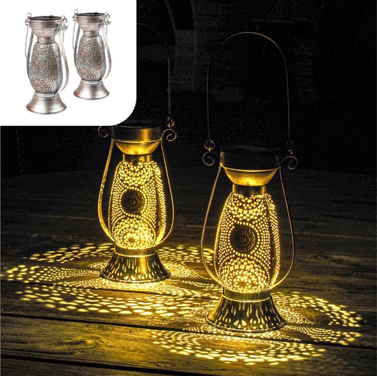 Gadgy Solar Tafellamp Petroleum - Olielamp Tuinlantaarn Set van 2 - Solar Tuinverlichting op Zonneenergie - Led Buitenverlichting met dag/nacht Sensor - Hanglamp - 21 x Ø11.5 cm - Metaal