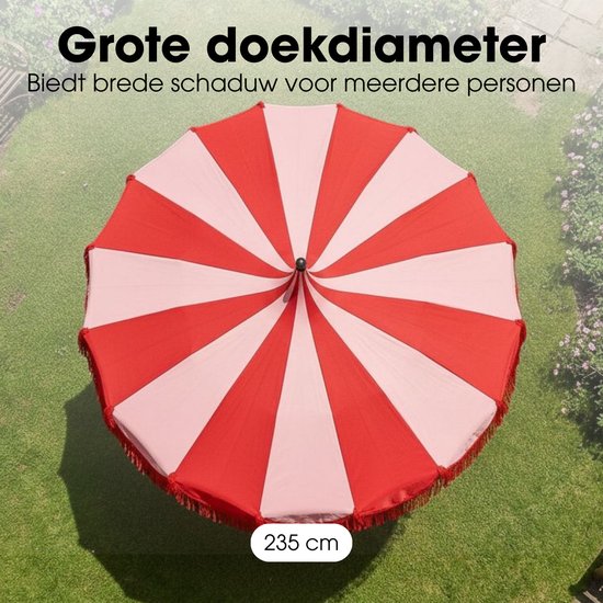 Mica Decorations Kim Gestreepte Parasol met Draagtas - Stokparasol 238 x Ø235 cm - Tuin of Balkonparasol - Polyester, Staal - Rood