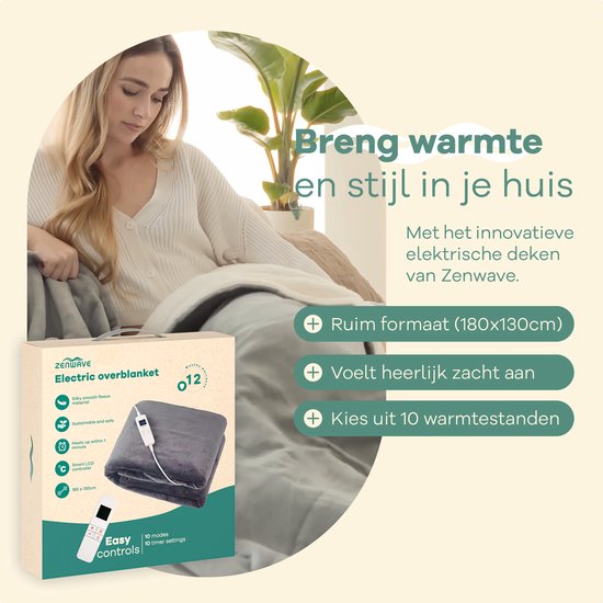 Zenwave Elektrische Deken 180x130cm - Wasmachinebestendige Omslagdeken Grijs - 10 standen Warmtedeken - Ultra Zachte Fleece Warmte Plaid - Elektrische Bovendeken - Kamperen & Outdoor - 1 Persoons