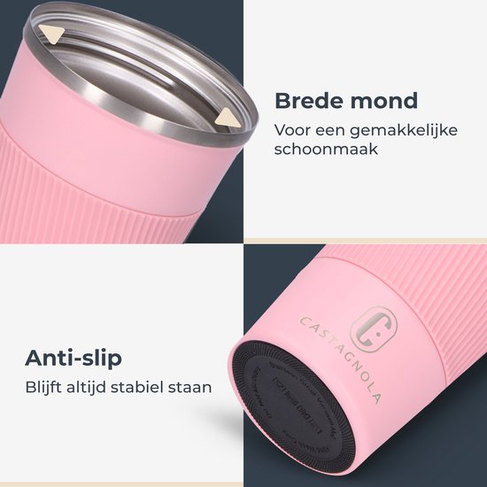 Castagnola Thermosbeker - Koffiebeker To Go - Travel Mug voor Koffie en Thee - Theebeker - 380 ML - RVS - Roze