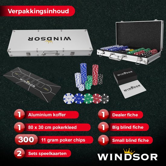 Windsor Pokerset - 300 Chips - PokerKleed - Blinds - Kaarten - Pokerchips - Poker Fiches