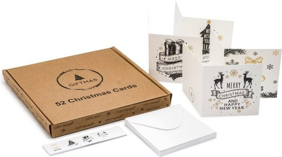 Giftmas Kerstkaarten - Wenskaarten - 52 Stuks - Met Enveloppen en Stickers - 10x10cm
