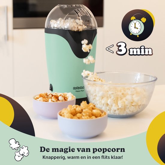 JAP Appliances Happy Pops - Retro popcornmachine (2-3 personen) 1200W - Inclusief maat- en botersmeltlepel - Klaar binnen 3 minuten - Zonder olie - Groen