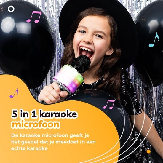 AyeKids 5-in-1 Karaoke Microfoon - Draadloos & Bluetooth – Ingebouwde Speaker & Disco Lichten – Incl. AUX-kabel - Microfoon Kinderen - Karaoke Set - Zwart