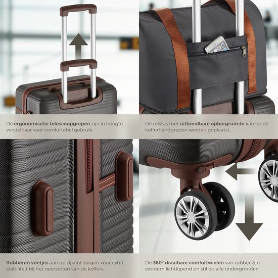 tectake® Kofferset - 13-delige Reisset - Koffers - Koffer set - Bagageset Inclusief Handbagage Koffer, Ruimbagage Koffer Groot, Reistas, Toilettas, Accessoiretas - Trolley met TSA slot - Antraciet