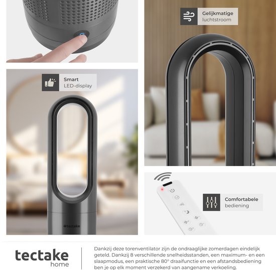 tectake® Torenventilator Polar - Kolomventilator inclusief Afstandsbediening - 8 Snelheidsstanden en Timer - 80° Draaifunctie - Stille Ventilator (35-55dB) - Staand met LED Bedieningspaneel - 55,5 cm Hoog - Luchtkoeler - Antraciet