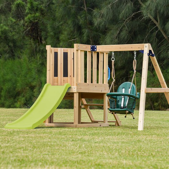AXI Timo Mini Speeltoestel met Babyschommel, Klimwand en Krijtbord – Rode Glijbaan – FSC hout – Klein speeltoestel voor de tuin / buiten