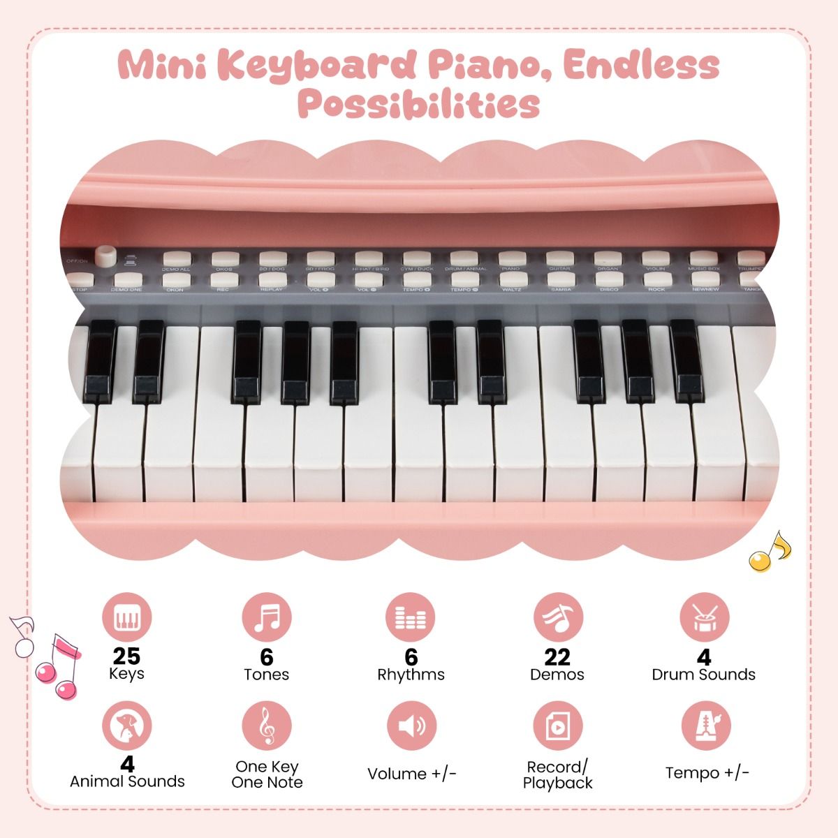 Coast Kinderkeyboardpiano - 25 toetsen - met krukje, muziekstandaard en microfoon - roze en grijs