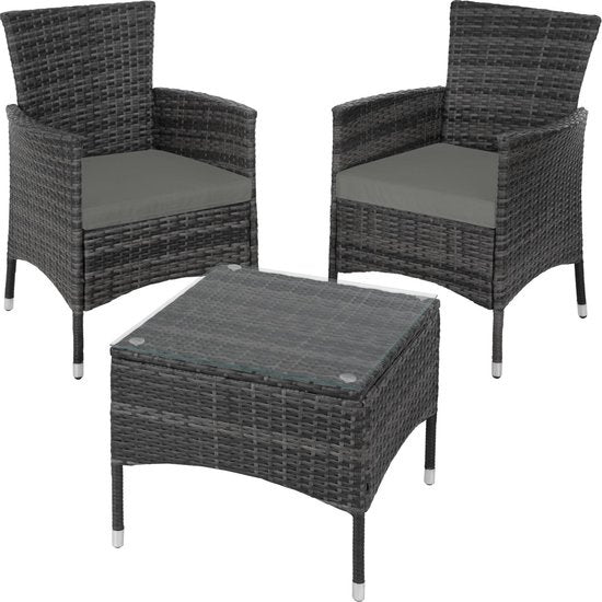 tectake® - wicker meubelen tuinset met verwisselbare hoezen, 2 stoelen en tafel met glazen blad, 2x outdoor loungestoelen met armleuningen en tuintafel, tuinmeubelset, balkonmeubilair - - grijs - poly-rattan
