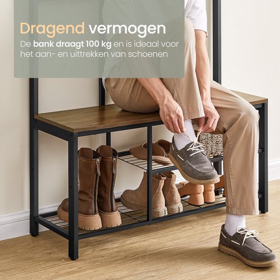 O'DADDY® Garderoberek Met Spiegel - Kapstok - Schoenrek - Kapstok staand - Vintage Look - Zwart en Bruin - Schoenenrek - kapstokken