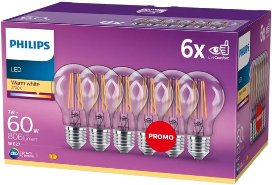 Philips energiezuinige LED Lamp Transparant - 60 W - E27 - warmwit licht - 6 stuks - Bespaar op energiekosten
