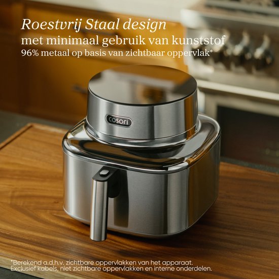 Cosori Iconic Single - RVS airfryer - 6.2L inhoud - Keramische anti aanbaklaag - met app ondersteuning