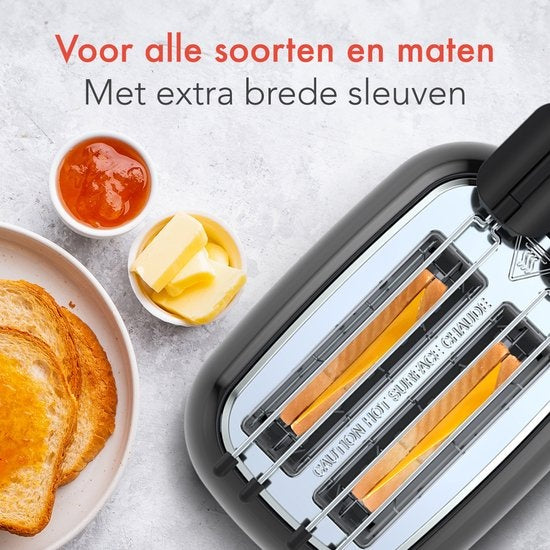 KitchenBrothers Broodrooster met Tostiklemmen - Toaster - 6 Warmteniveaus - Brede Sleuven - Broodrooster - 870W - Zwart