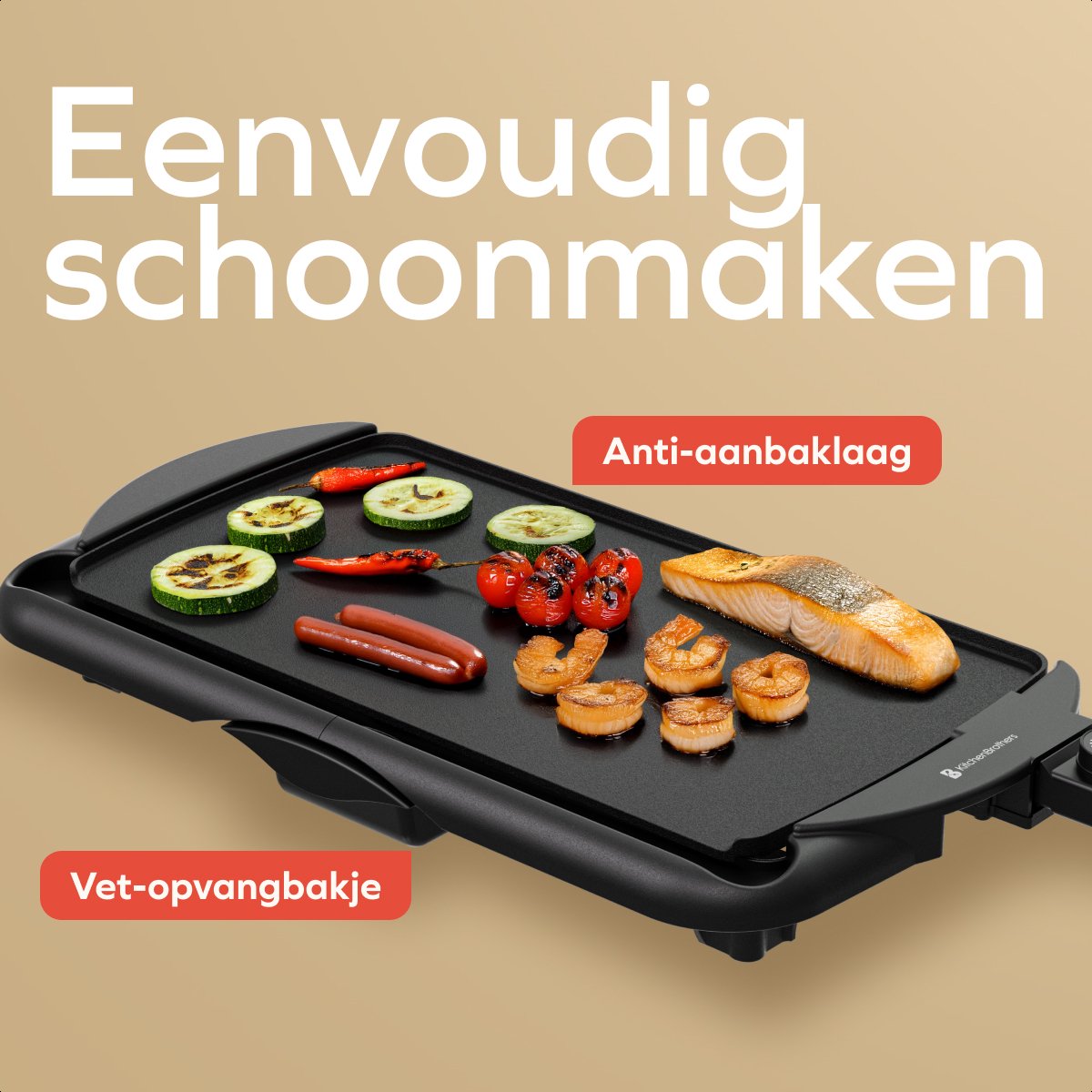 KitchenBrothers Elektrische Grillplaat XL - 2000W - Teppanyaki Bakplaat - Veilig Grillen - Zwart