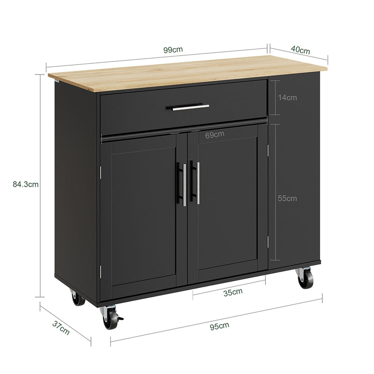 SoBuy Keukentrolley 99 x 40 x 84,3 cm - Zwart - 2 Deuren - Lade - 4 Wielen