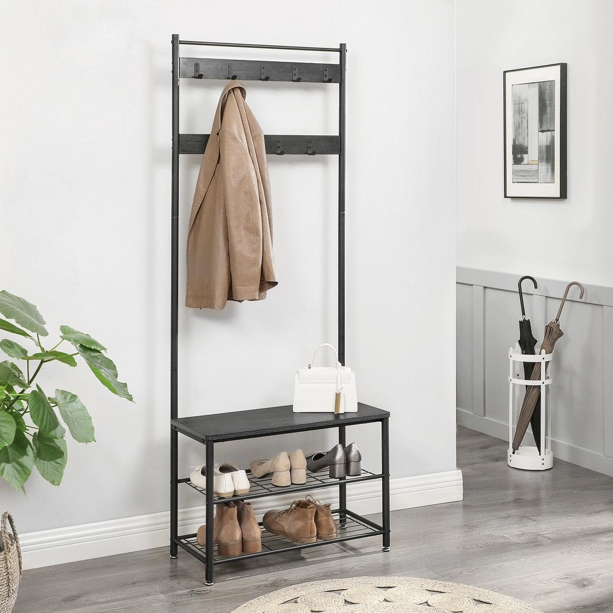O'DADDY® kapstok staand - kapstok met schoenenrek - 9 haken 2 laags schoenenrek 6 paar - garderoberek - 70 x 32 x 175 cm - kapstok zwart / donkergrijs