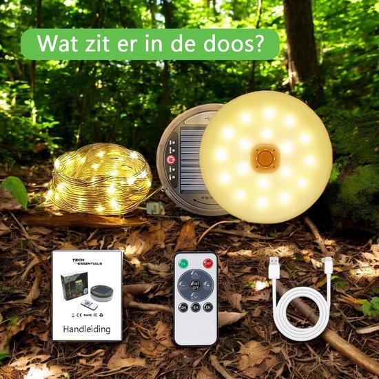 Tech Essentials Solar Camping Lichtsnoer - 100LEDs - 10M - Warm-Wit Licht - Tentlamp - USB-Oplaadbaar - Met Afstandsbediening - Oprolbaar - Kampeerlamp - Zonneenergie Hanglamp - Nood