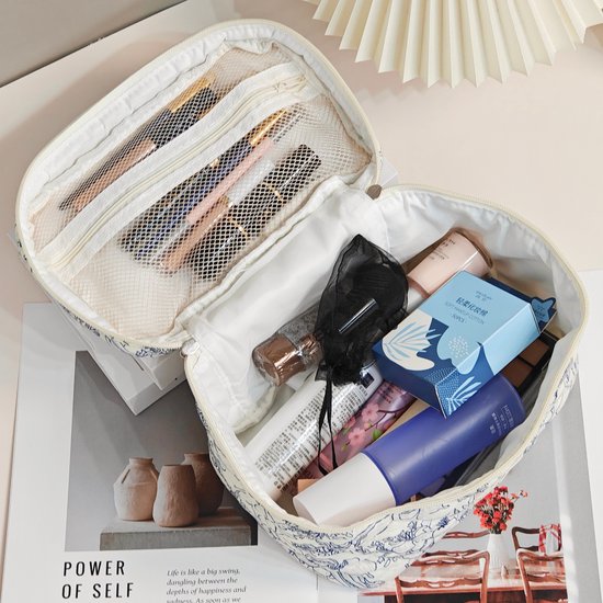 SC Travel Essentials - 3-delige Make-up Tas Set - Eco-vriendelijk Katoen - Gewatteerde Gebloemde Organizers - Ruim, Duurzaam en Ideaal voor Reizen