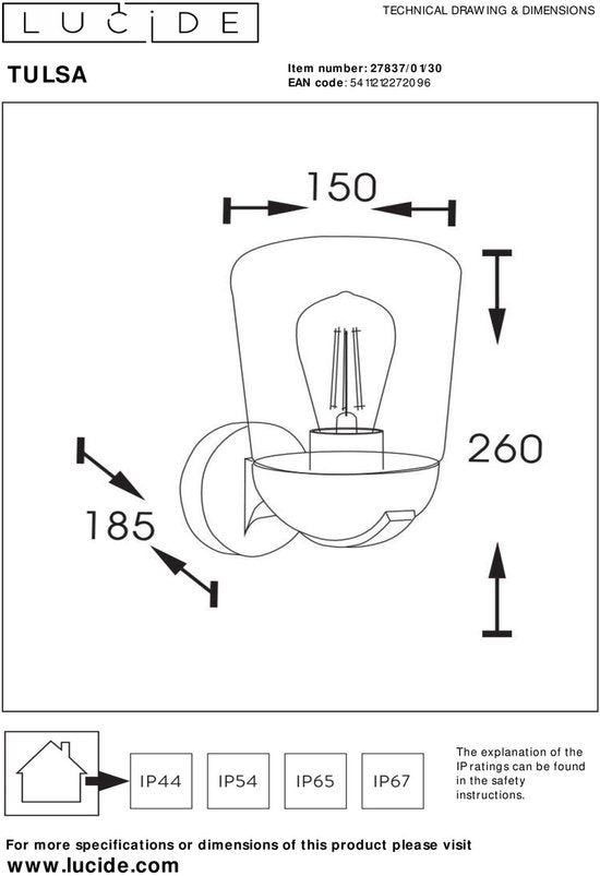 Lucide TULSA - Wandlamp Binnen/Buiten - 1xE27 - IP44 - Zwart