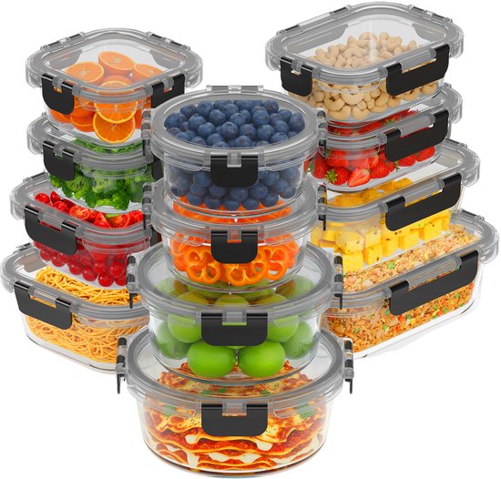 KitchenBrothers Meal Prep Bakjes Set - Glazen Vershoudbakjes - Luchtdicht - BPA-vrij - Diepvriesbakjes - Bewaarbakjes - 6,79L - Glas - 12 Stuks